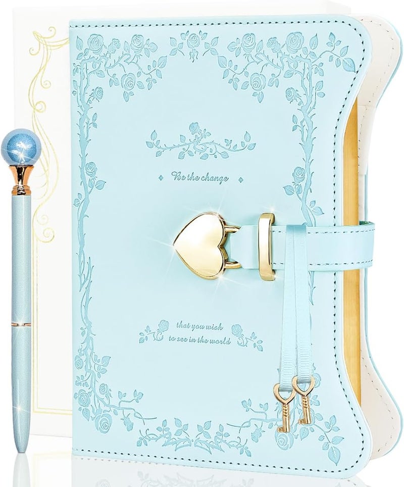 Diary with Lock and Keys for Girls & Women, 360 Pages Journal with Lock for Girls Gift Ideas, Girls Locking Diary with Pen, Cute Journals Set for Teen Girls Ages 8-12 (Rose Garden, Light Blue)
